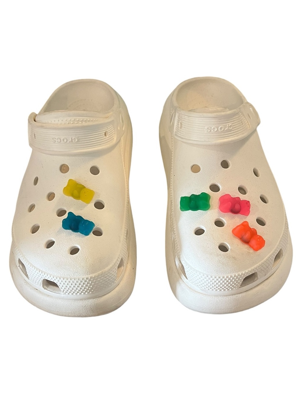 Crocs White Unisex Classic Mega Crush Clog w/Gummy Bear Charms-Woman’s 8,Men’s 6